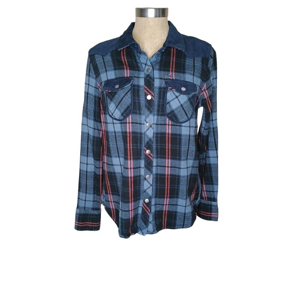 Harley Davidson Shirt Womens Sz M Plaid Flannel Snap Up Corduroy Yoke Elbows